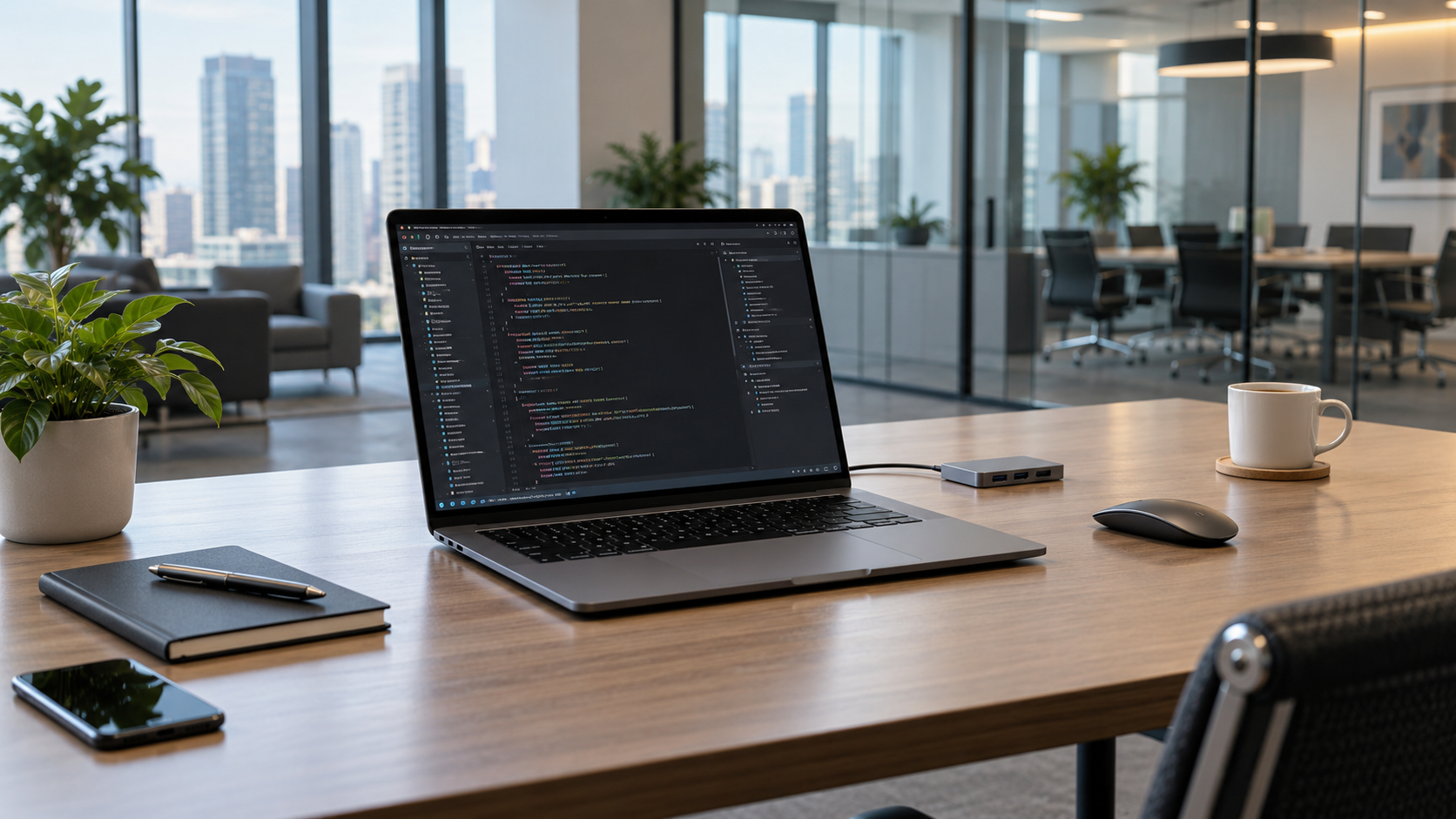 Developer laptop in a corporate office